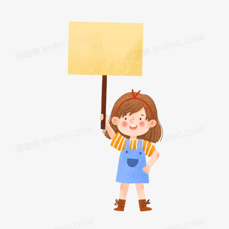 卡通手绘女生举着木板素材