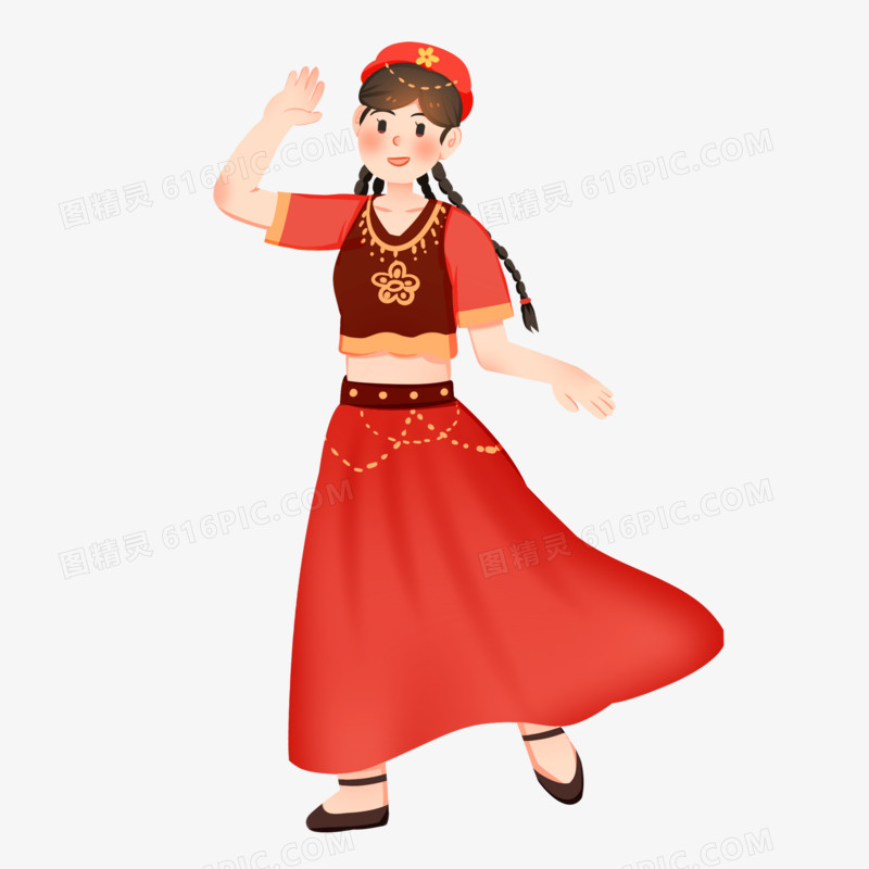 手绘卡通跳舞的新疆女孩免抠素材