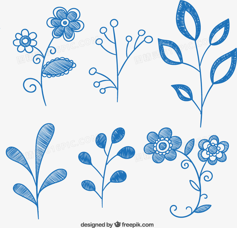 蓝色手绘植物矢量素材图片免费下载