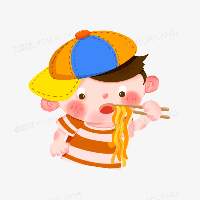 卡通手绘小男孩吃面素材