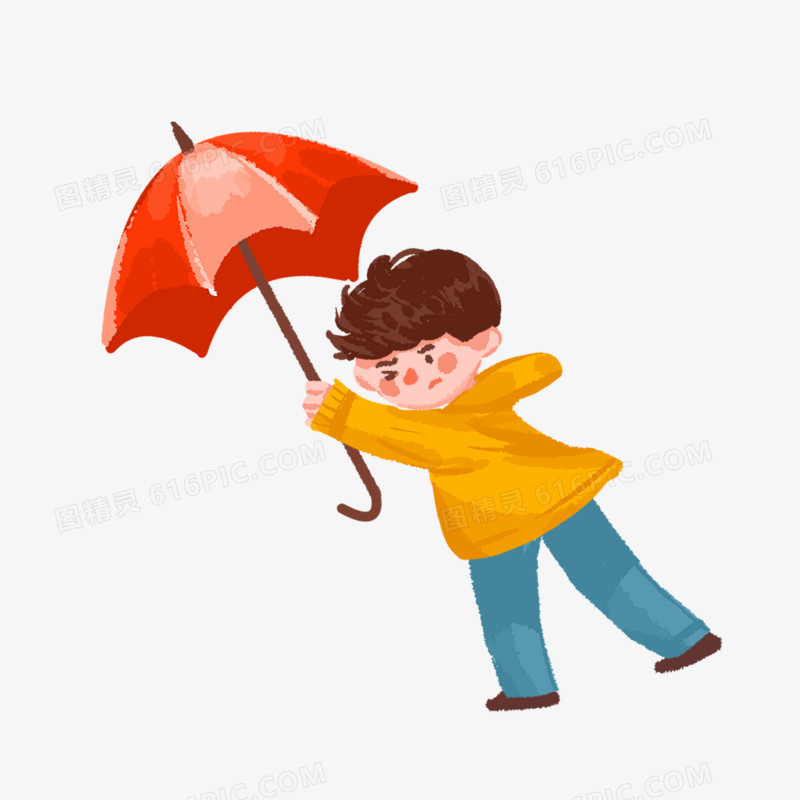 卡通手绘免抠撑伞的男孩素材