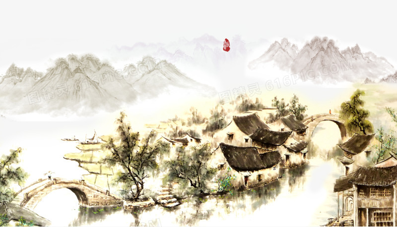 中国风手绘高山流水素材