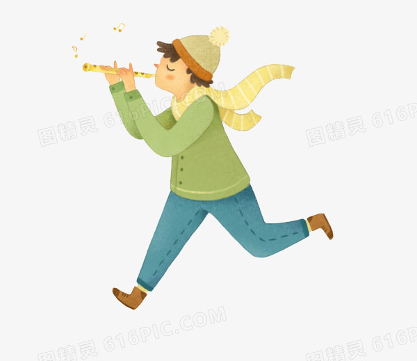 吹着笛子奔跑的孩子
