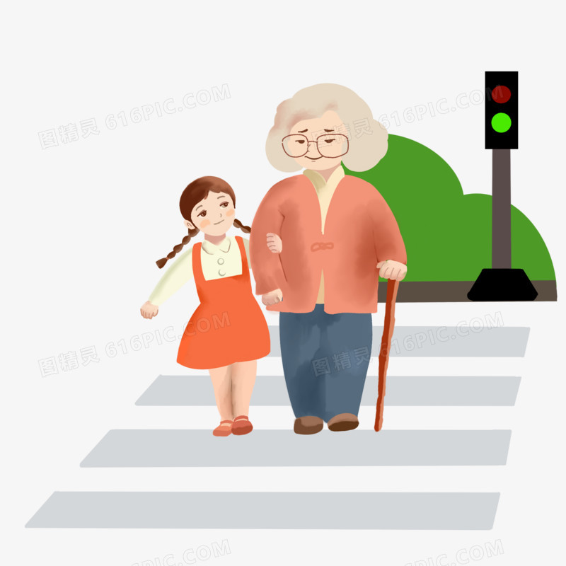 卡通手绘小女孩扶老人过马路小素材