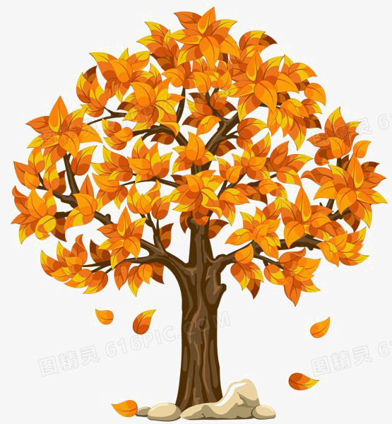 手绘大树卡通大树创意大树秋季金秋金色枫叶图精灵为您提供枯黄的落叶
