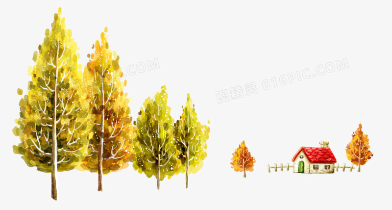 唯美手绘秋天的树和房子