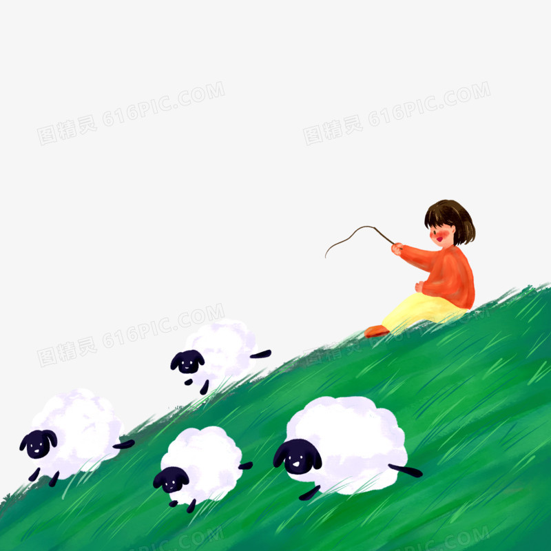 卡通手绘放羊的孩子素材