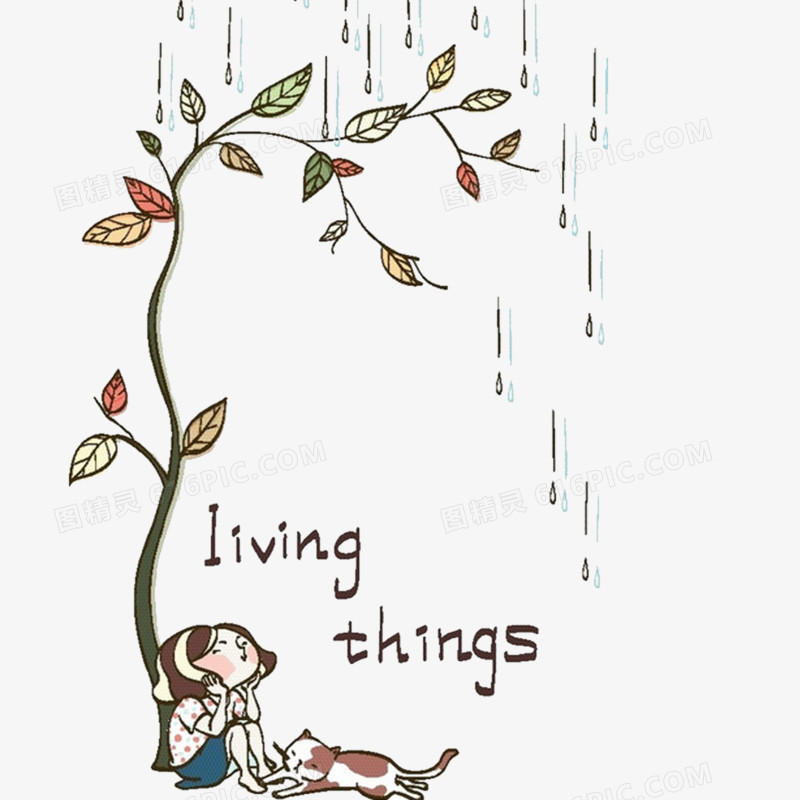 雨中坐在小树下的小女孩和小狗