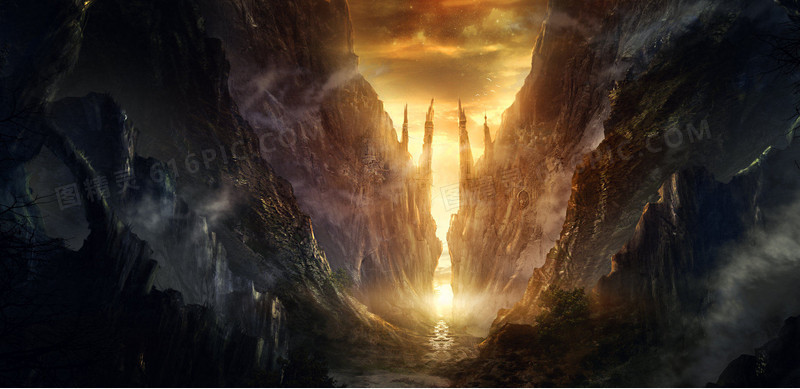 日落峡谷魔幻海报背景
