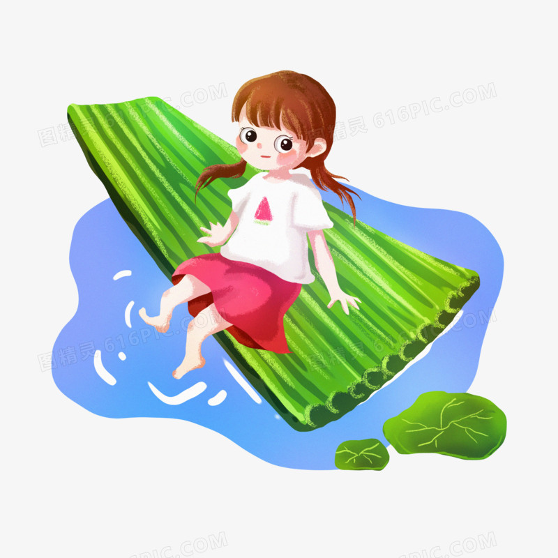 手绘卡通小女孩坐在竹筏玩水