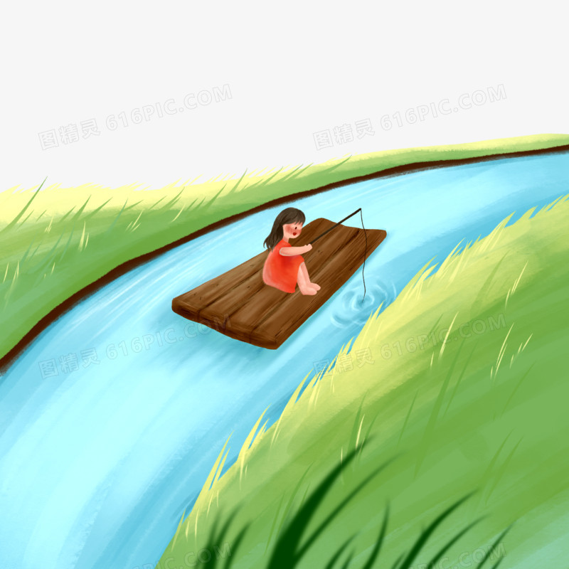 卡通手绘在竹筏上钓鱼素材