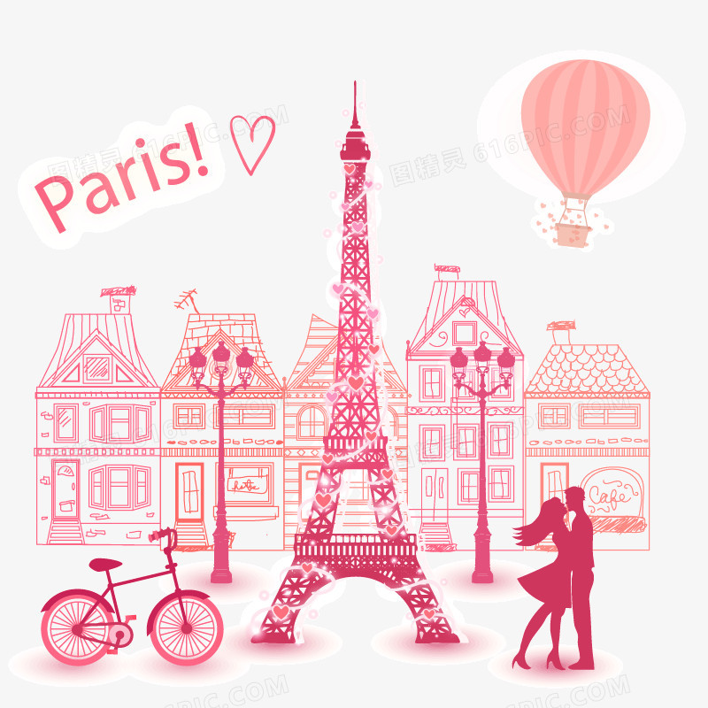 浪漫粉色巴黎城市剪影矢量素材