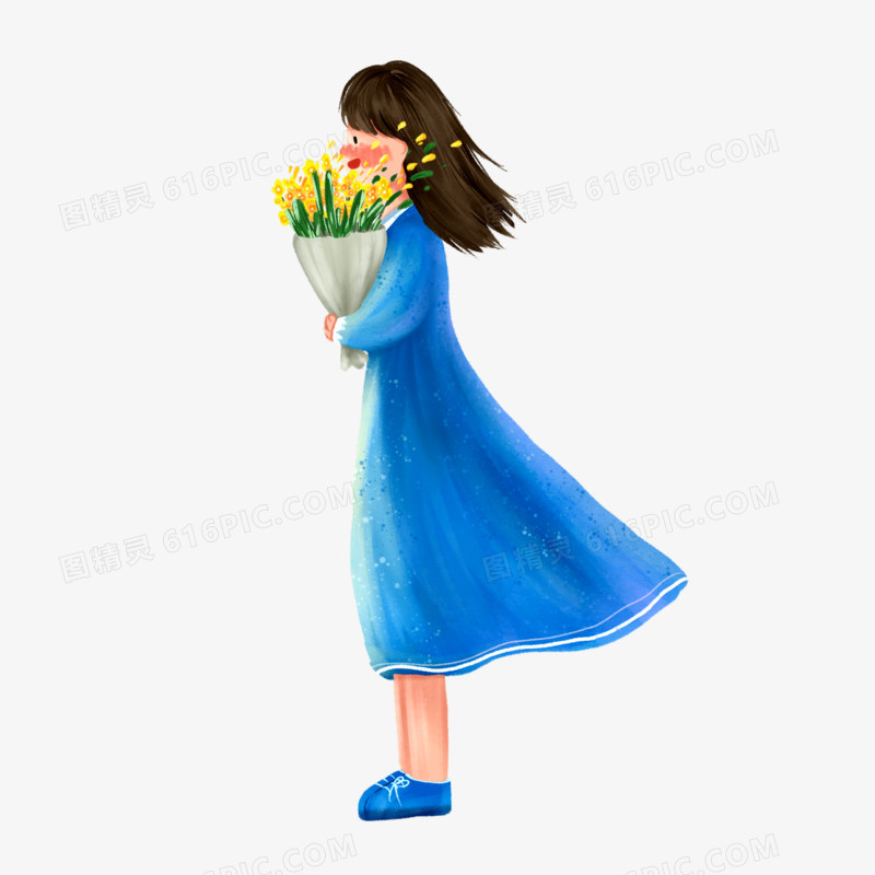 卡通手绘捧花的女孩素材