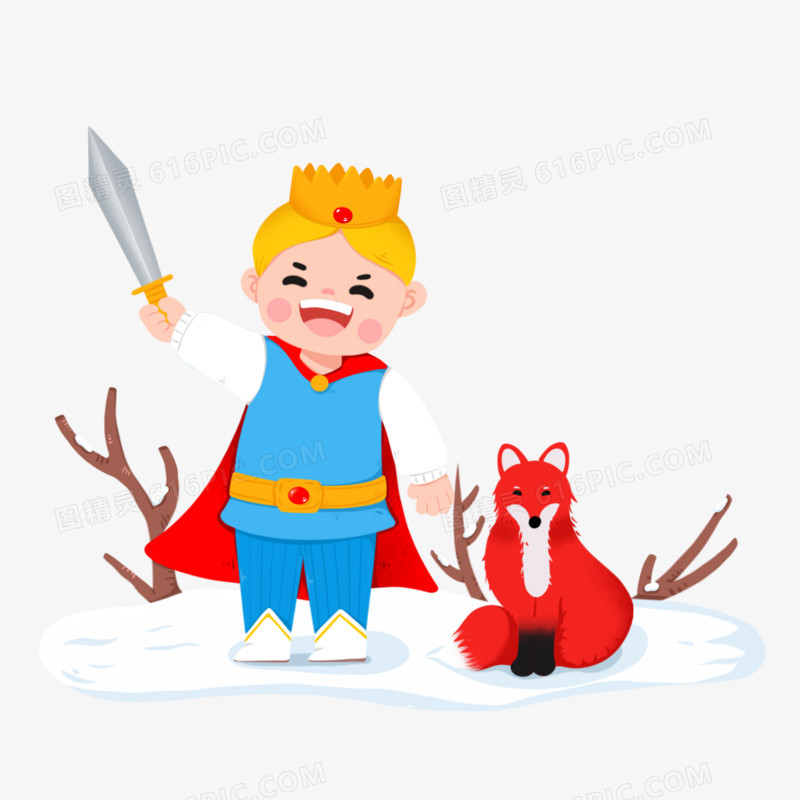 手绘小王子和小狐狸在雪地上免抠元素