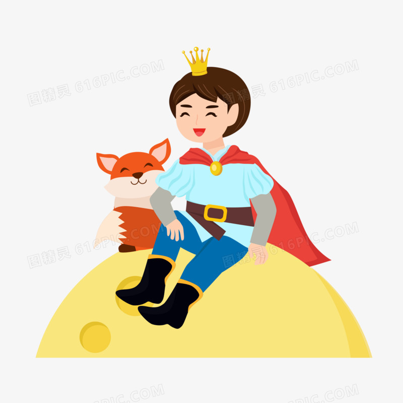 手绘卡通小王子与狐狸坐在月亮上素材