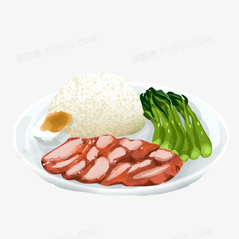 手绘食物叉烧饭插画元素