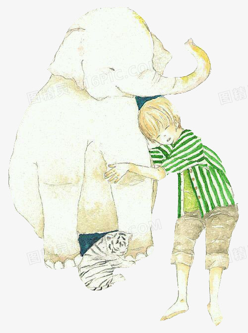 手绘大象与男孩