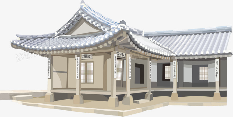 手绘日本屋檐长廊建筑