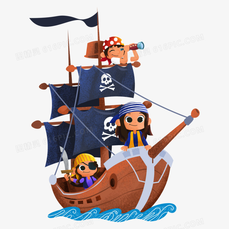 手绘卡通海盗船和海盗们素材