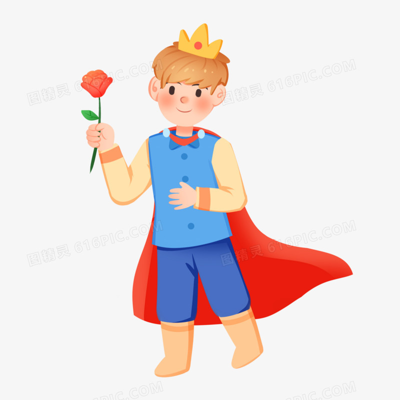 手绘卡通拿着玫瑰花的小王子免抠素材