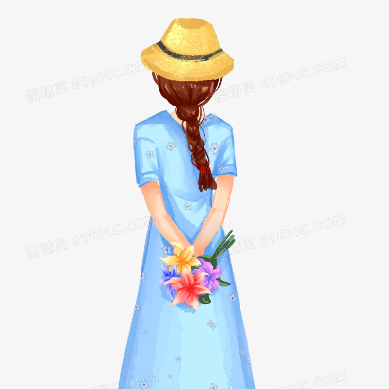 手绘背影拿花的女生插画元素