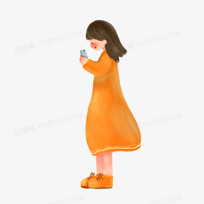 卡通手绘女孩低头玩手机元素