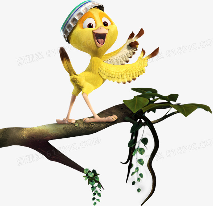 黄色小鸡站在树枝上的黄色小鸡