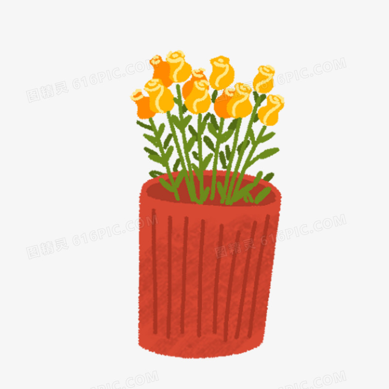 卡通手绘免抠黄色玫瑰花盆栽元素