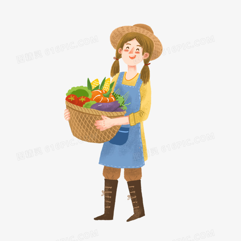 卡通手绘免抠农民捧着一筐果蔬素材