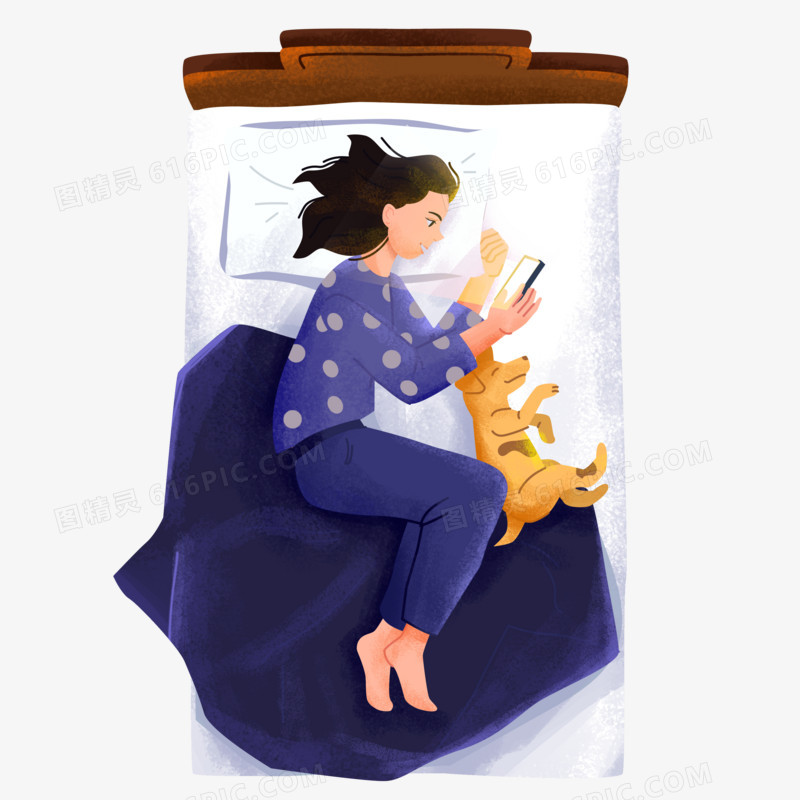 手绘卡通女孩躺在床上玩手机素材