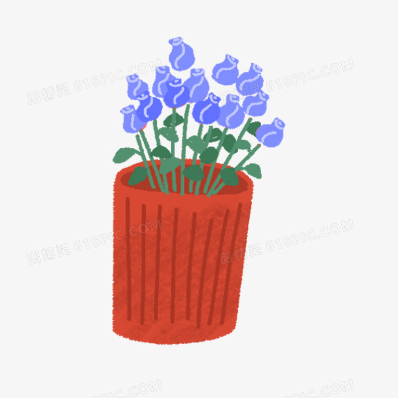 卡通手绘免抠蓝色玫瑰花盆栽元素