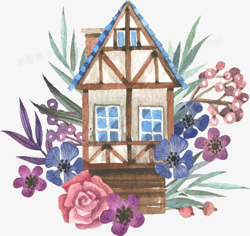 矢量手绘插画房屋和花朵