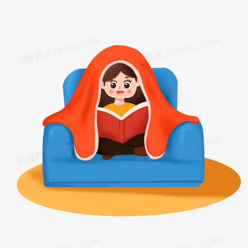 手绘冬季女孩坐沙发上看书免抠元素