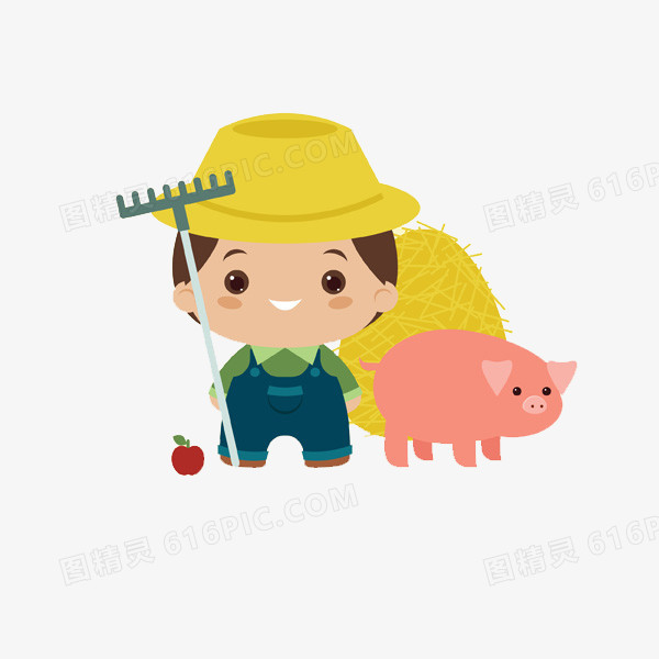 手绘卡通小农夫与小猪