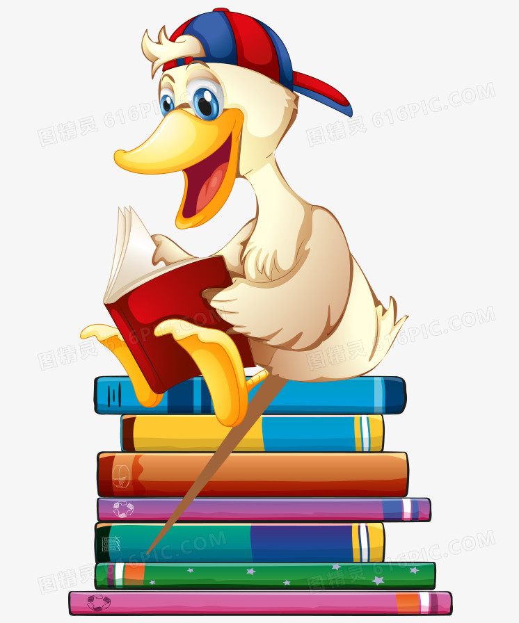 卡通手绘戴帽子鸭子坐书本上看书