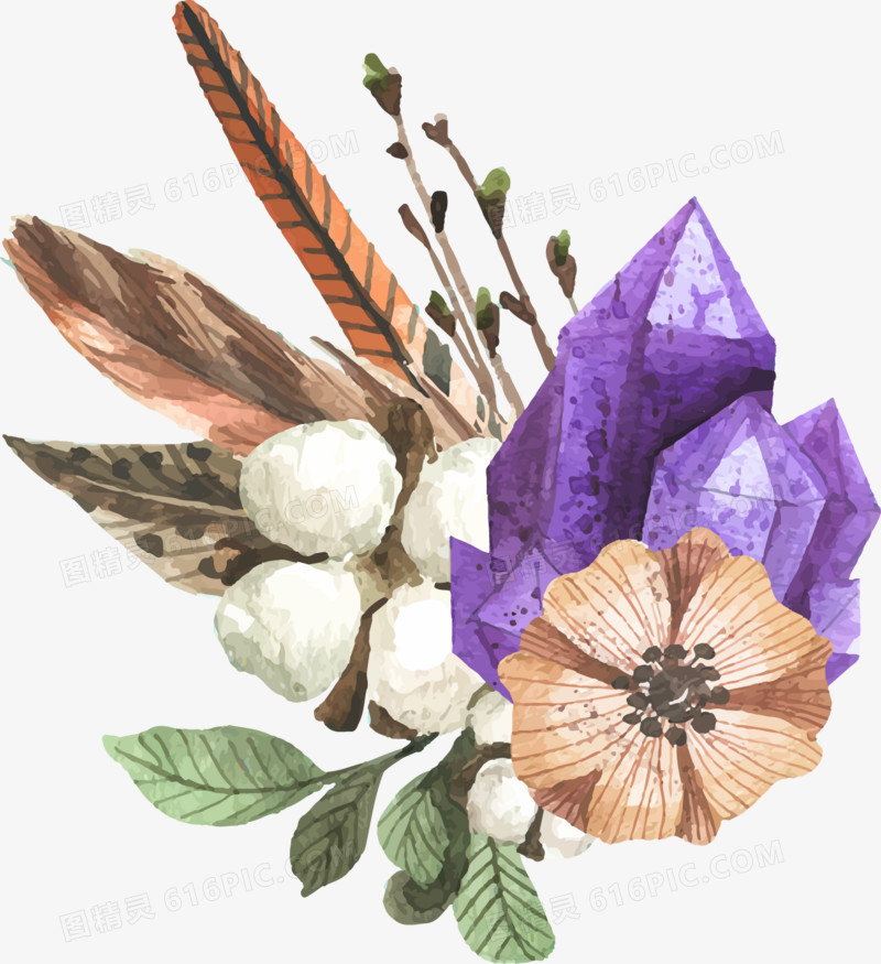 水彩紫水晶羽毛花卉装饰