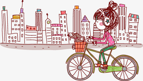 卡通手绘可爱女孩自行车城市