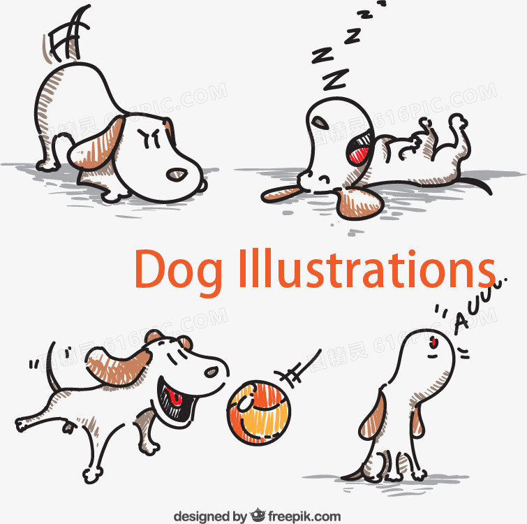 彩铅手绘4款玩耍的狗免费下载