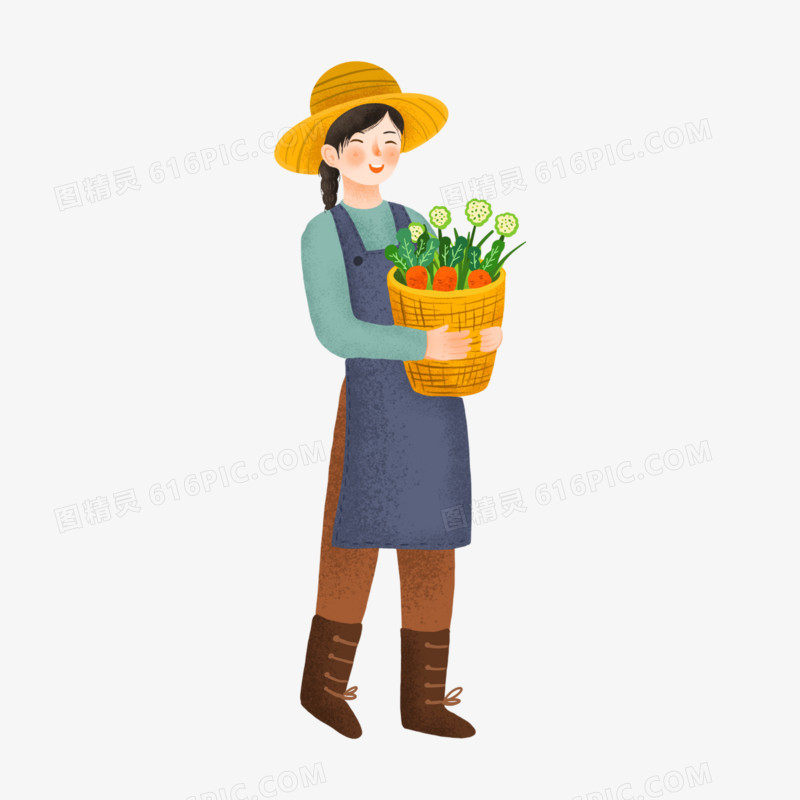 卡通手绘免抠女孩抱着一筐蔬菜元素