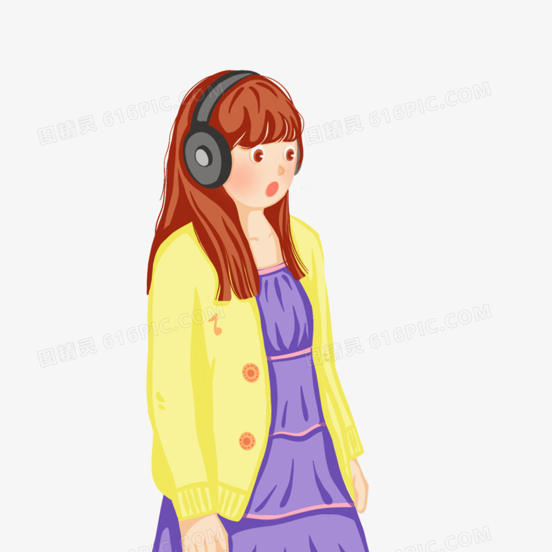 卡通手绘女孩带耳机唱歌元素