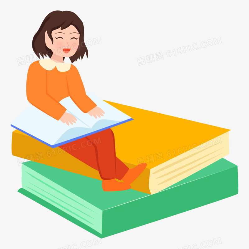 手绘卡通坐在书本上学习的女孩素材