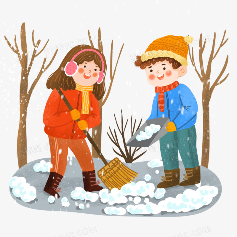 手绘卡通冬天小伙伴扫雪场景插画免抠元素