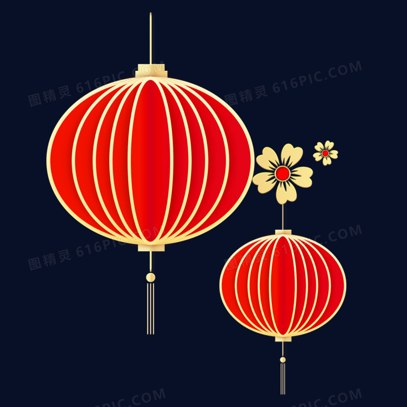 手绘中国风红金浮雕灯笼素材