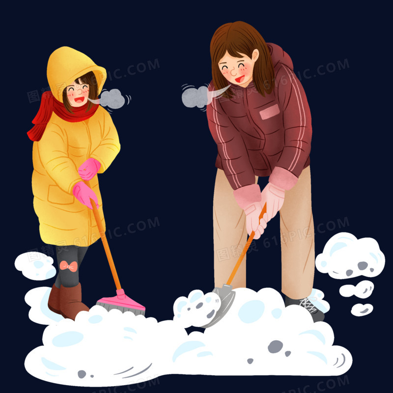 手绘插画风和妈妈一起扫雪场景元素