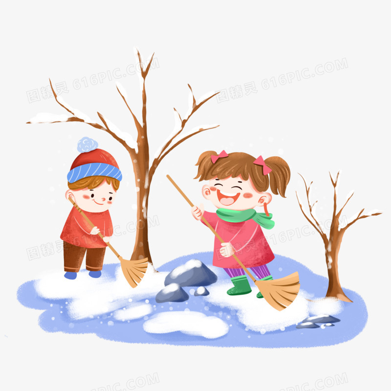 手绘卡通小朋友扫雪场景素材