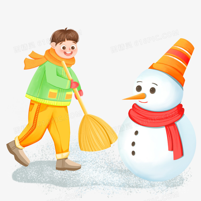 手绘男孩扫雪堆雪人插画元素