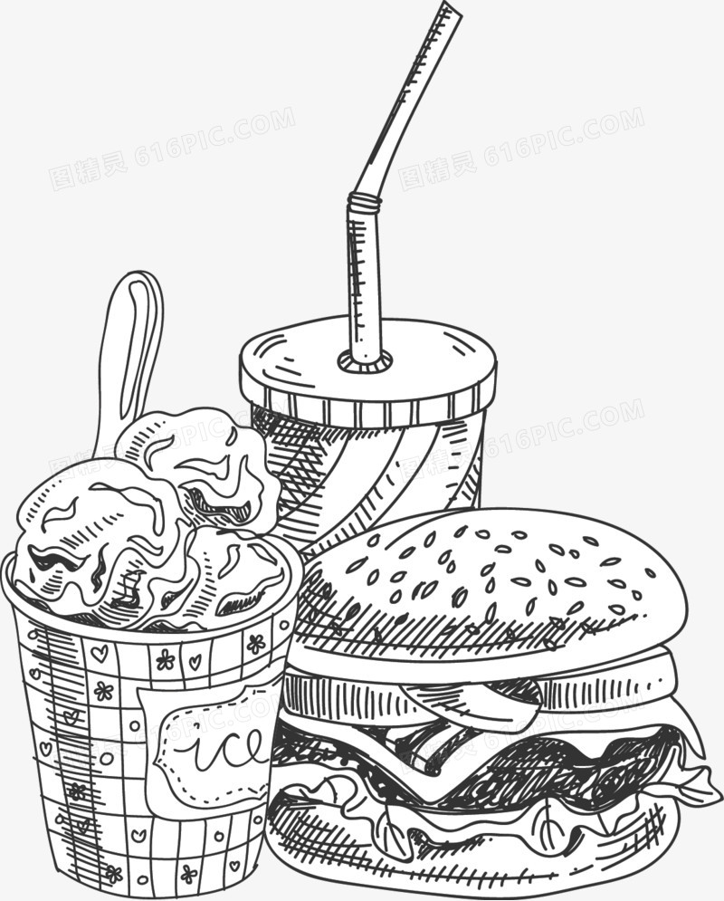 手绘快餐食物汉堡可乐冰淇淋线稿