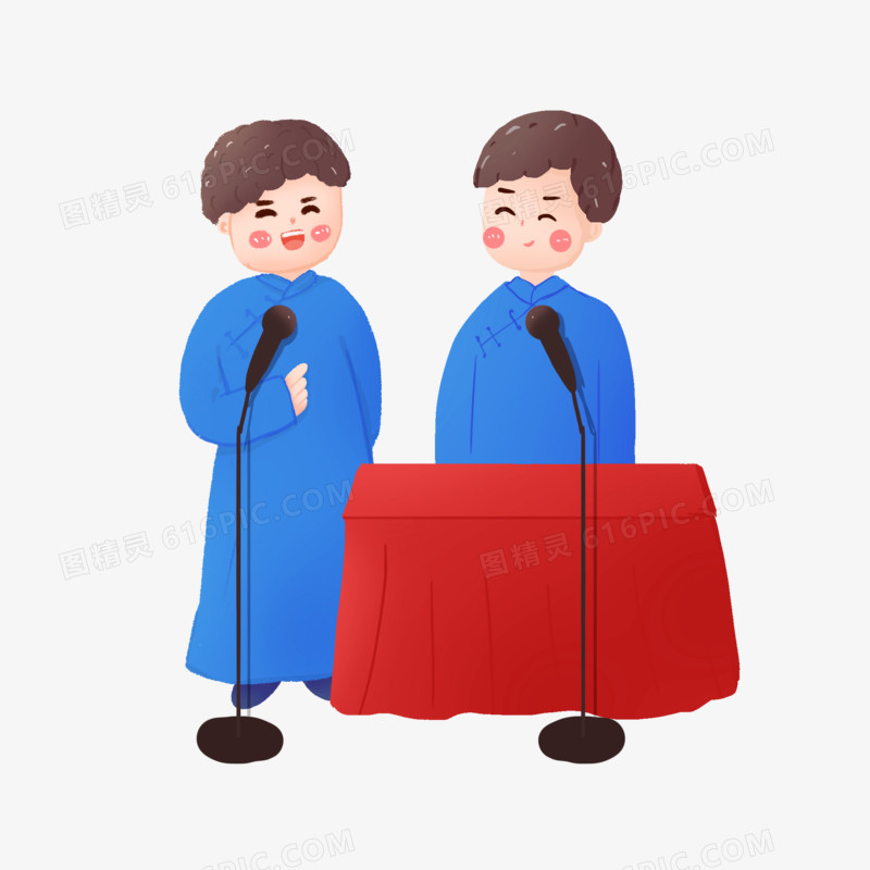 手绘卡通双人说相声小场景免抠元素