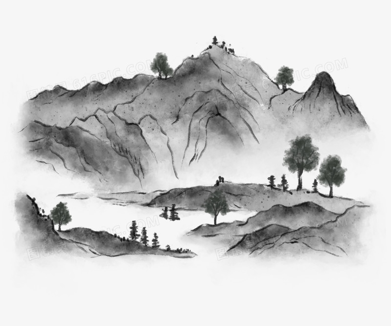 手绘水墨风山水画免抠元素