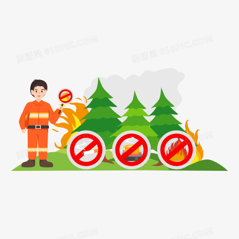 手绘创意消防员科普森林防火禁止事项素材
